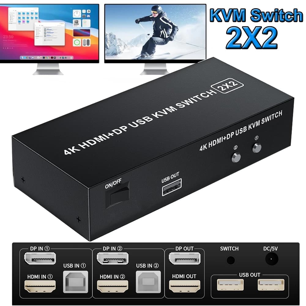 Commutateur KVM HDMI DisplayPort pour moniteur touristique, 4K, 60Hz, 2x2, HDMI 2.0, USB, mode miroir étendu pour 2 moniteurs
