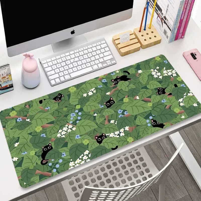 Grand tapis de souris chat vert noir, 400x900MM, XXL, pour Gamer, Table de bureau, plantes Kawaii, accessoires de jeu