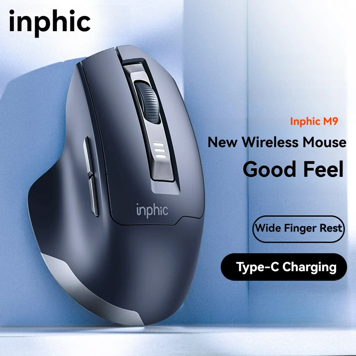 Souris sans fil Inphic M9, récepteur USB 2.4G, Rechargeable, type-c, bouton muet, visualisation de l'alimentation, souris universelle ergonomique pour bureau