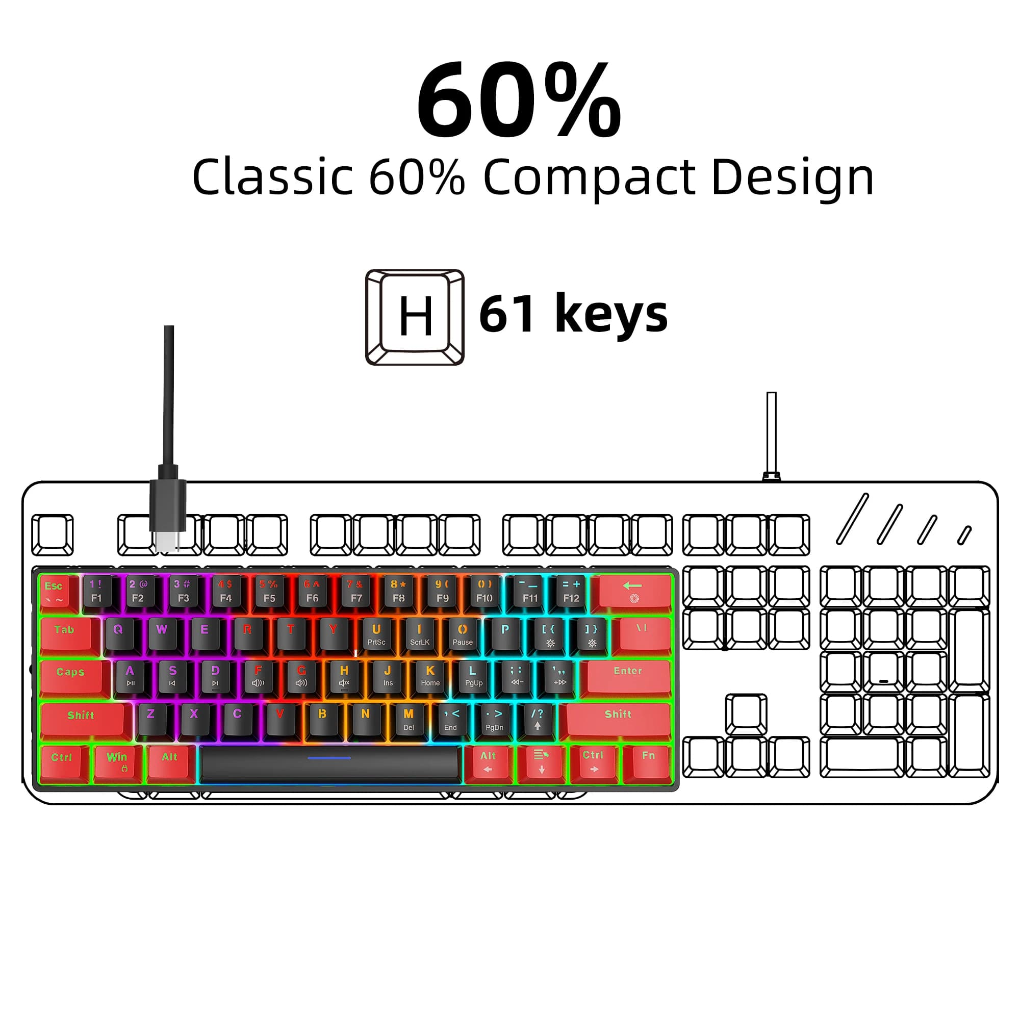 Clavier mécanique compact 61 touches, clavier gaming 60 % avec switches bleus et rétroéclairage coloré, petite taille pour une portabilité facile