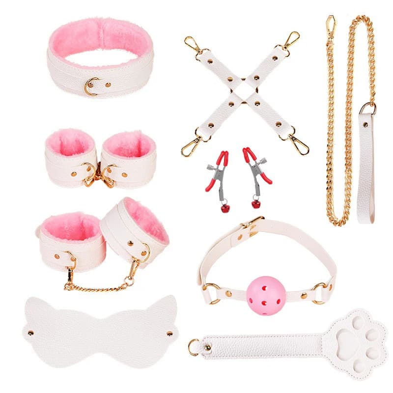 Accessoires exotiques Jeux pour couples Jeux érotiques Ensemble BDSM Sexy Cuir Peluche Jouets sexuels Kit de bondage Menottes Bandeau Fouet de flirt 18