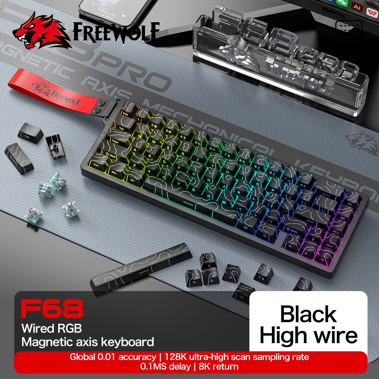 Clavier filaire 8K Hz F68 et sans fil 1K Hz F68Pro, offre une latence de 0,01 mm, 0,1 ms sur toute la gamme, rétroéclairage RVB, compatible avec les PC et les pages Web