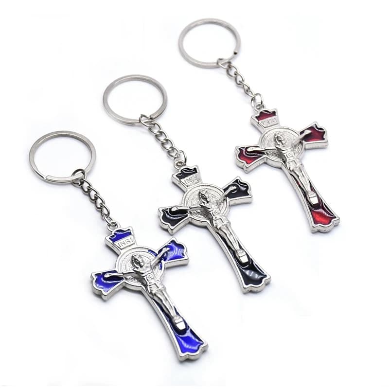 Porte-clés croix en émail chrétien rouge bleu noir pour hommes femmes