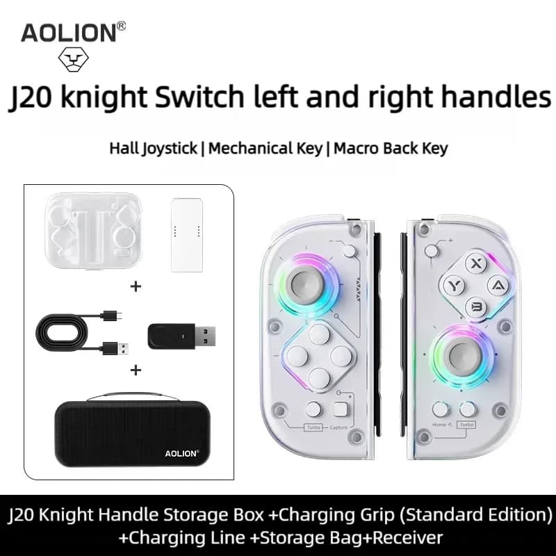 Nouvelle manette sans fil Aolion J20 RGB Knight gauche et droite pour Switch avec joystick à effet Hall et support de charge