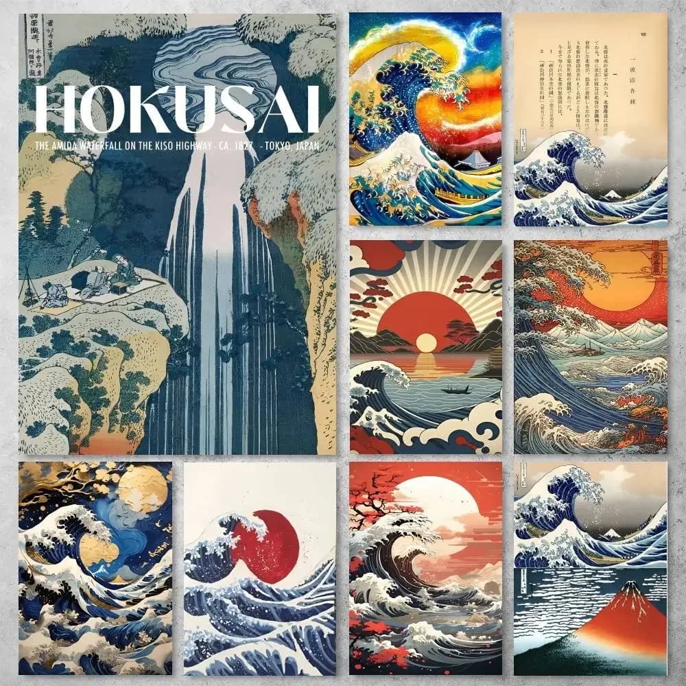 Katsushika Hokusai Great Wave Off Kanagawa Art Vintage Poster HD Home Decor Sticky Wall Waterproof Home Living