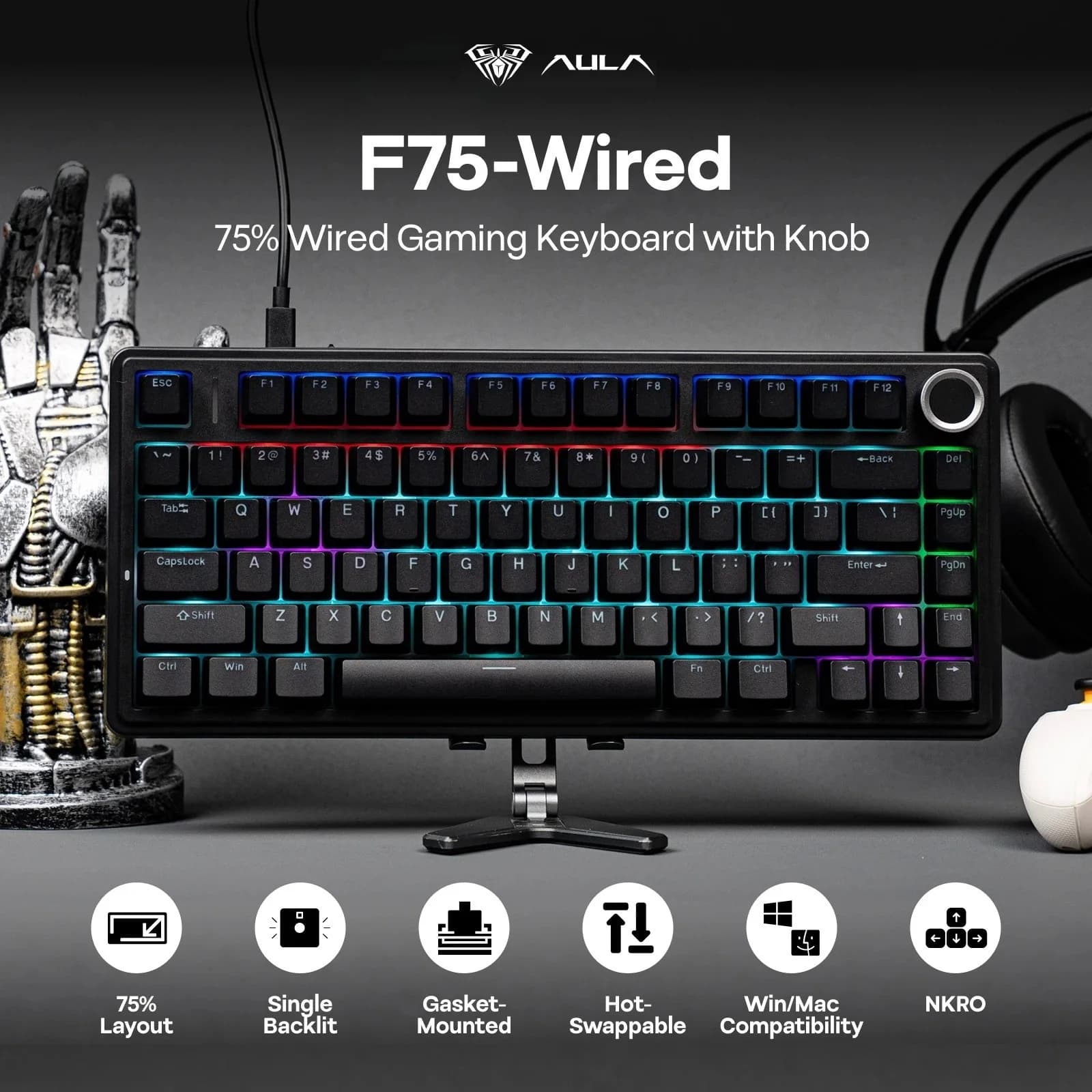 Clavier de jeu filaire AULA F75 75% ANSI US Layout Gasket Hot Swappable ABS Keycap RGB avec bouton