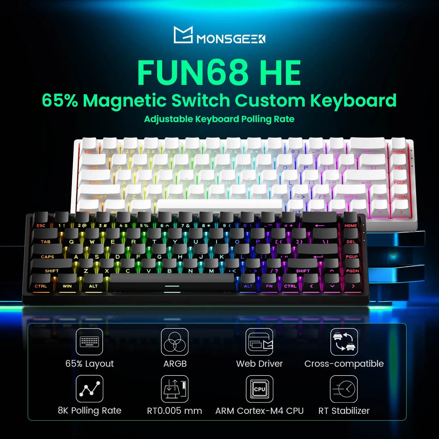 Akko MonsGeek FUN68 HE clavier magnétique 65% déclencheur rapide 0.005mm 8000Hz ARGB USB/clavier de jeu personnalisé sans fil pour Gamer