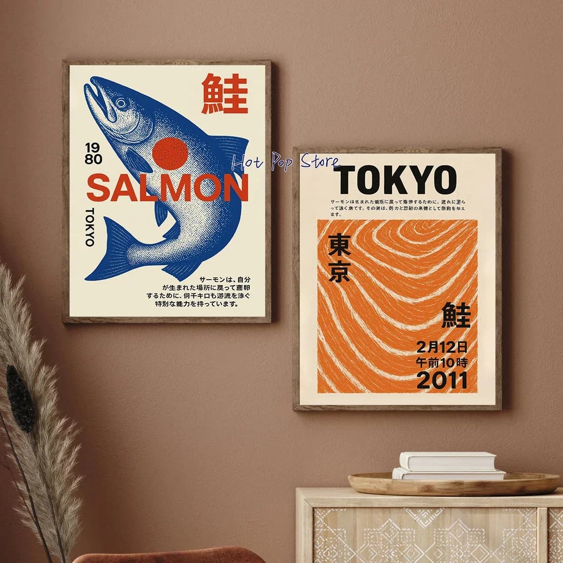 Affiche Murale Graphique Japonaise Tokyo Salmon Art 1980, Poster Poisson Sushi sur Toile, Décoration Murale pour Maison et Cuisine