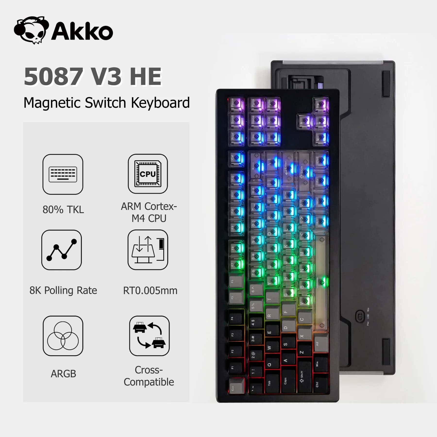 Akko 5087 V3 HE clavier magnétique 80% disposition TKL déclencheur rapide 0.005mm 8K taux d'érollage TypeC