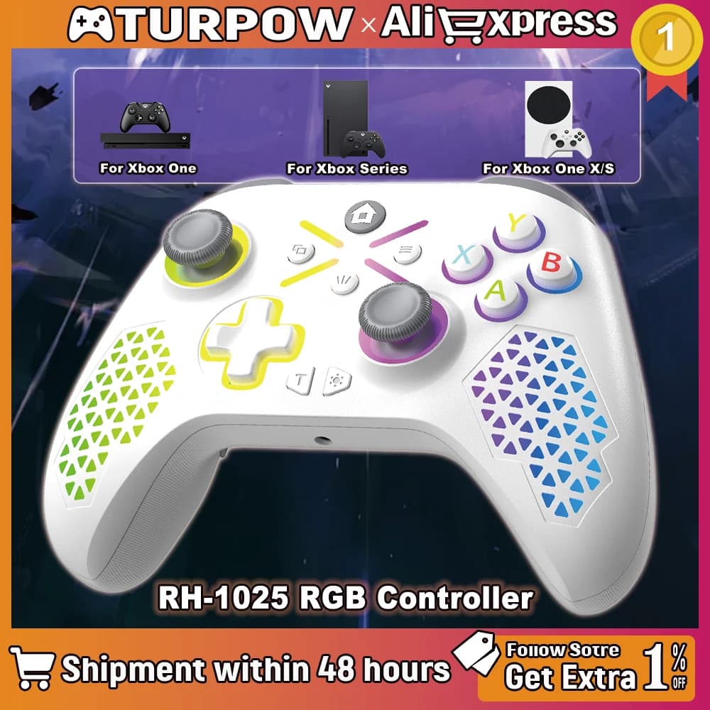 Manette de jeu Turpow RGB pour contrôleur Xbox One, Xbox Series S/X, double vibration, gyroscope 6 axes, sans fil, pour console Xbox