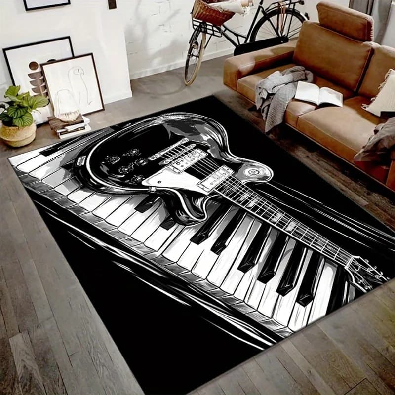 Tapis en flanelle imprimé avec motif de guitare et de piano