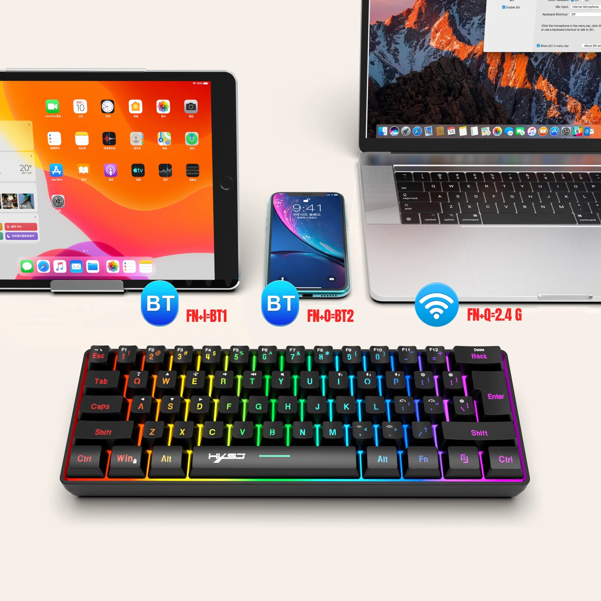 Clavier de jeu sans fil 60 % avec triple connectivité rétroéclairée RVB