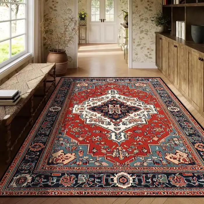 Tapis de luxe rouge persan pour salon, grand tapis antidérapant pour tables basses, décoration intér
