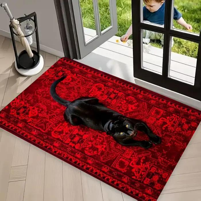 Tapis vintage rouge à motif ethnique Panthère Noire, tapis antidérapant, paillasson lavable à imprim