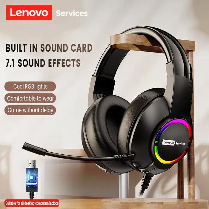 Casque de jeu filaire Lenovo avec éclairage RGB, microphone pour ordinateur portable, effets sonores