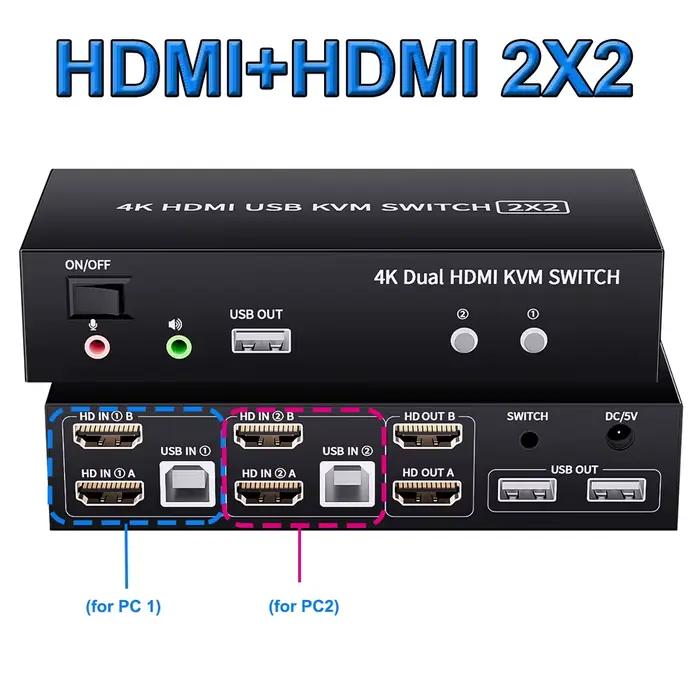Commutateur KVM HDMI DisplayPort pour moniteur touristique, 4K, 60Hz, 2x2, HDMI 2.0, USB, mode miroi