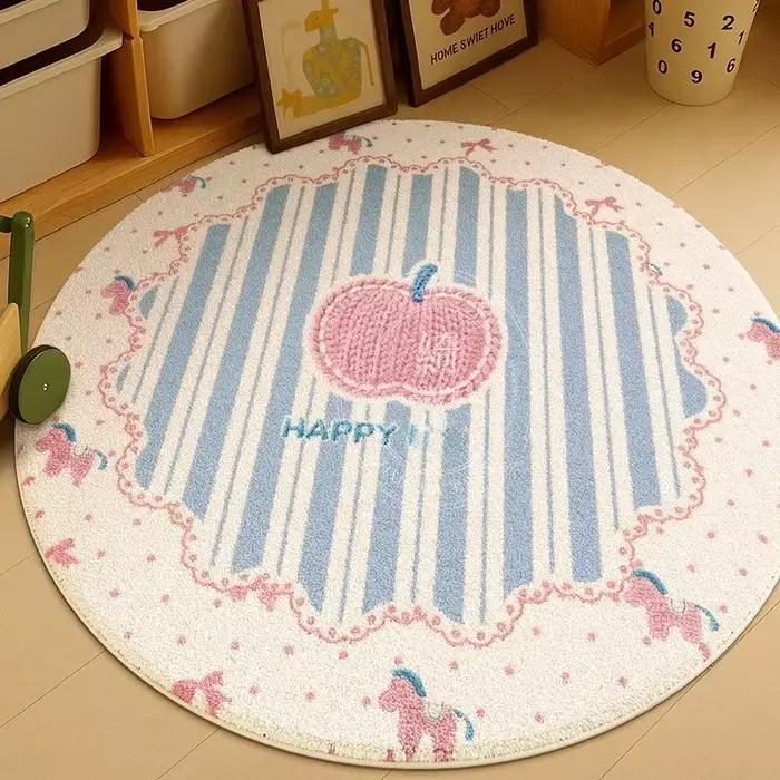 Tapis rond antidérapant VIKAMA Kawaii rose avec bordure à carreaux bleus pour la décoration de la ch