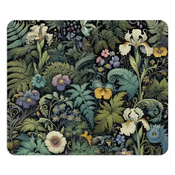 Tapis de souris botanique foncé, fleurs sauvages, fougères, rond ou rectangulaire, inspiré de Morris