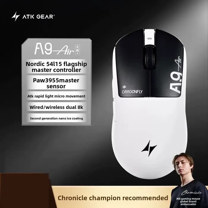 Souris de jeu ATK A9 Air+ Master Version sans fil, trois modes, capteur Paw3955master, légère, Nordi