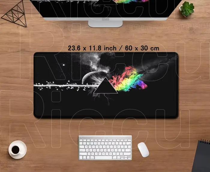 Tapis de souris noir lune arc-en-ciel Triangle Rock Style Art tapis de Table grand caoutchouc Base a