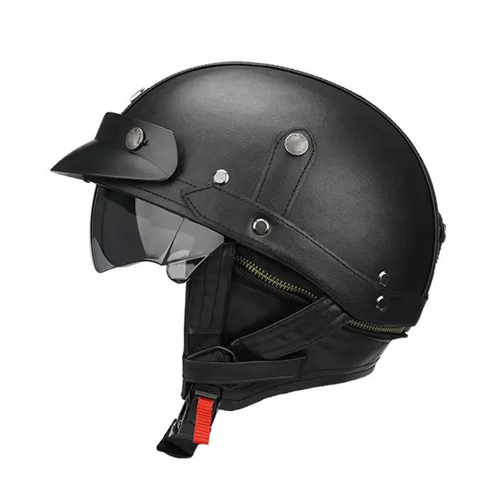 Demi-casque de Moto noir en cuir allemand, Vintage, Casco Moto, visage ouvert, Certification DOT