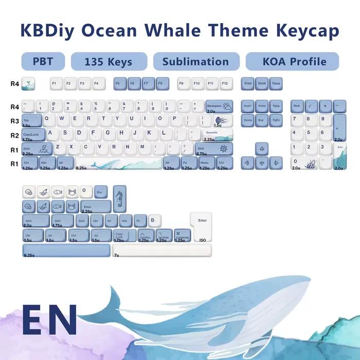 KBDiy-Ensemble de capuchons de touches pour clavier mécanique de jeu, Anime mignon, Baleine océaniqu