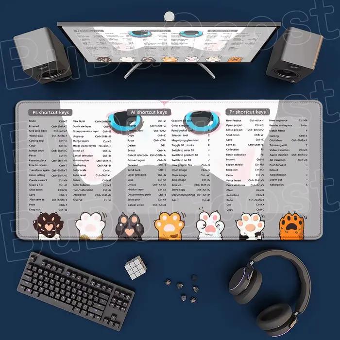 Tapis de souris avec raccourcis clavier en anglais PS AI PR, tapis de clavier complet pour ordinateu