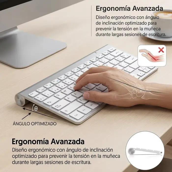 Clavier sans fil compact 2.4G QWERTY en disposition espagnole pour bureau et portable, design mince, touches silencieuses, raccourcis multimédias, plug and play, sans fil jusqu'à 10mètres