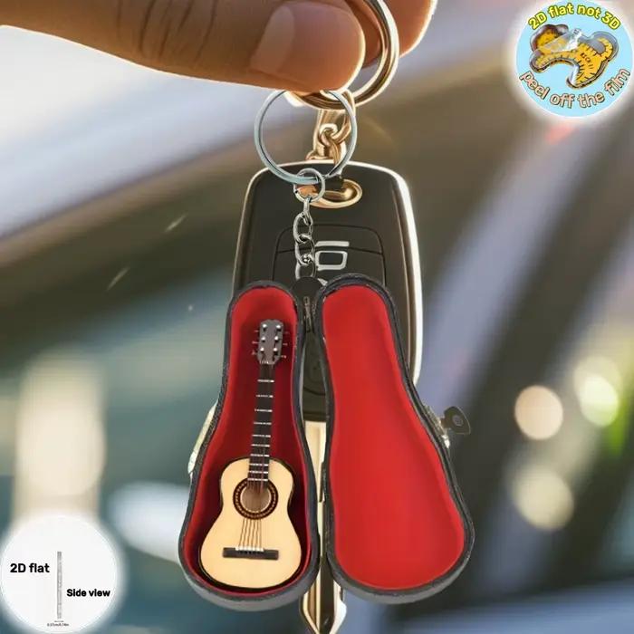 Guitare acoustique avec étui pendentif porte-clés, ornement plat en acrylique 2D, cadeau pour fans de musique, décoration suspendue pour voiture, sac, festif, fête