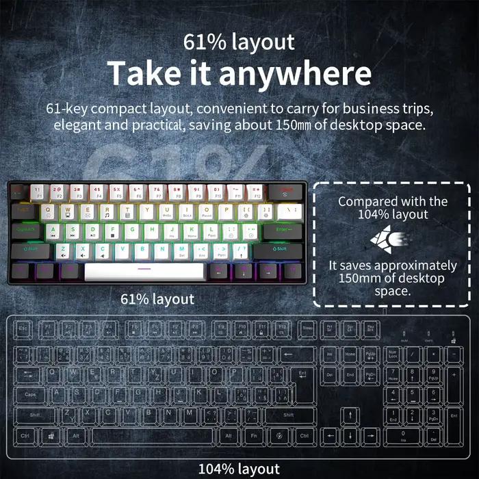 Clavier mécanique gamer 60% mini 61 touches rétroéclairé avec interrupteurs PC