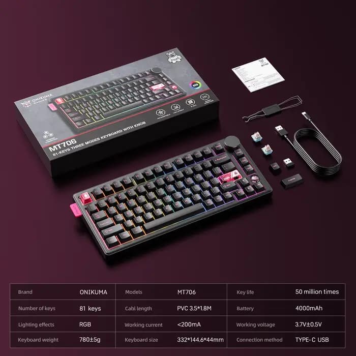 Onikuma 2025 nouveau clavier mécanique de jeu Mt706 Rgb 2.4g/filaire/Bt, clavier de jeu Pbt Rgb à 81 touches