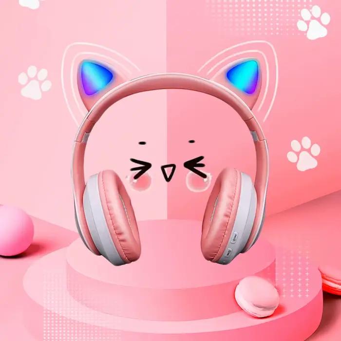 Écouteurs sans fil Bluetooth avec oreilles de chat roses