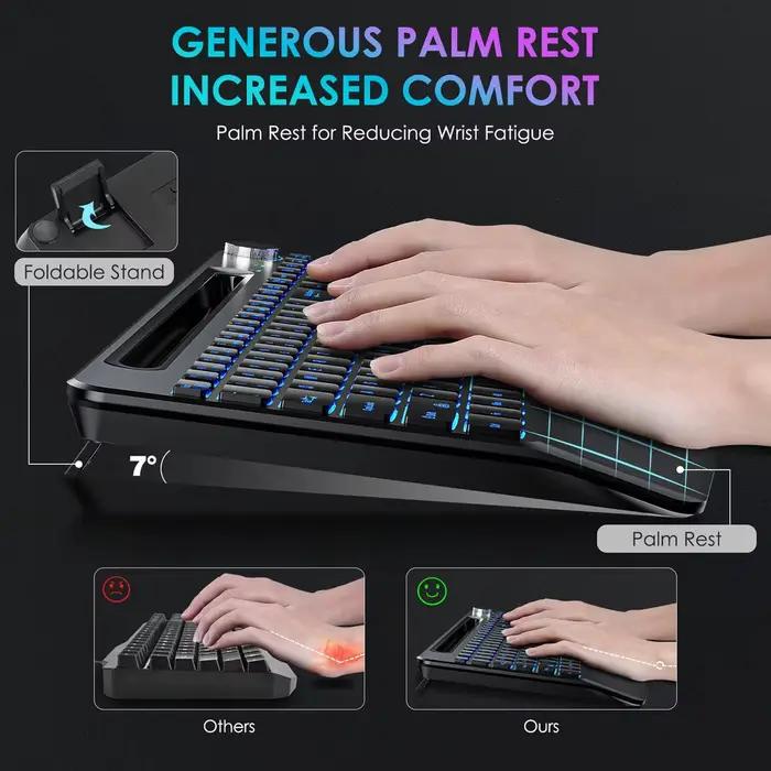 Clavier sans fil rétroéclairé 7 couleurs avec repose-poignet et support téléphone pour pauses confortables et jeu professionnel