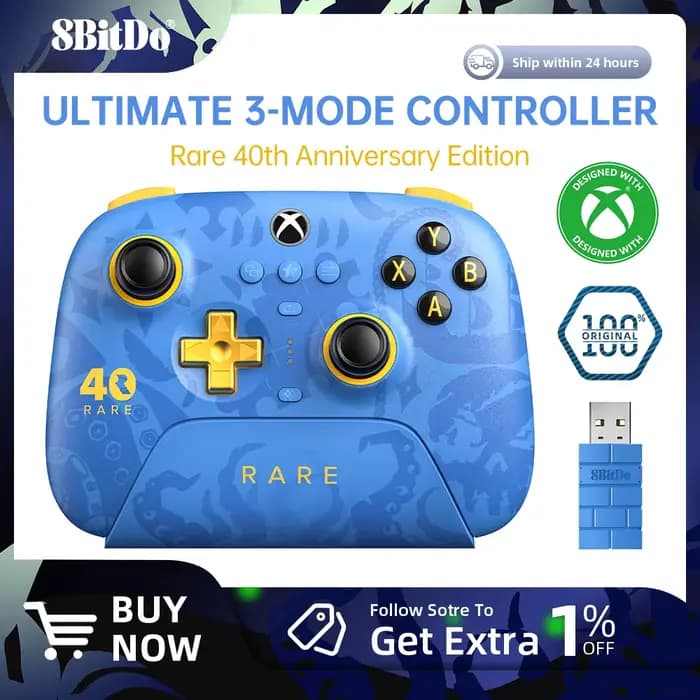 8BitDo Ultimate Contrôleur sans fil 3 modes pour Xbox, manette de jeu rare édition 40e anniversaire pour Xbox One, Apple, PC et Android