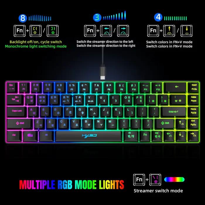 Clavier de jeu 68 touches USB filaire portable avec rétroéclairage RGB 20 couleurs
