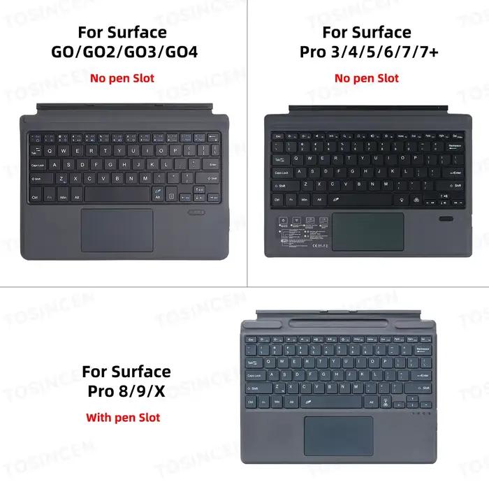 Clavier Trackpad Retroéclairé Bluetooth TOSINCEN pour Microsoft Surface Pro 3 4 5 6 7 7+ avec support de plusieurs langues et options de couleurs multiples