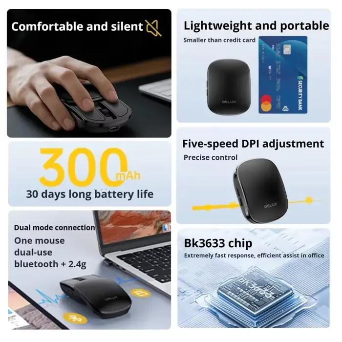 Delux souris pliante de poche sans fil 2.4G Bluetooth5.2 clic silencieux Portable ultra-léger 55g pour MacBook tablette