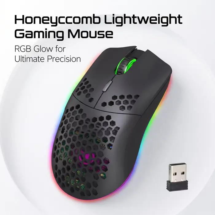 Souris de jeu sans fil avec éclairage RGB, batterie rechargeable, design nid d'abeille, confort pour droitiers, 2.4G USB Plug & Play, parfait pour sessions de jeu marathon, compétitions en ligne et cadeau pour joueurs passionnés