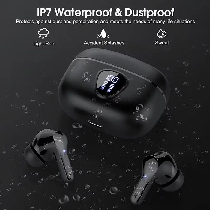 Nouveaux écouteurs sans fil casque stéréo HiFi BT5.3 avec suppression du bruit ENC 48H affichage LED écouteurs IP7 étanche pour trajets et travail à distance occasions spéciales