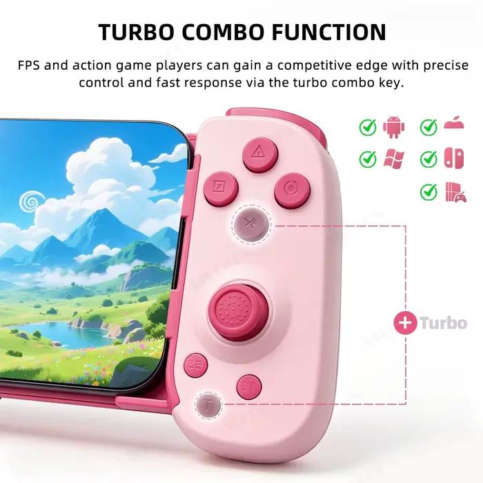 Manette de jeu rose extensible avec joystick à vibration et déclencheur Hall pour Switch/Android/iOS/PC
