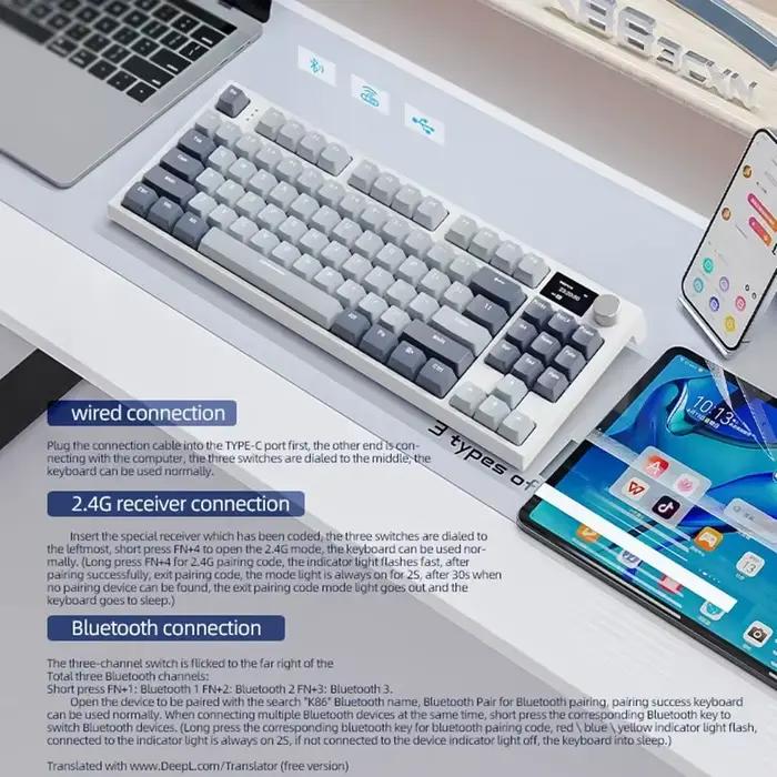 Clavier mécanique sans fil Attack Shark K86 - Support de joint de bouton en métal Écran TFT remplaçable à chaud Bluetooth/2.4G/USB-C
