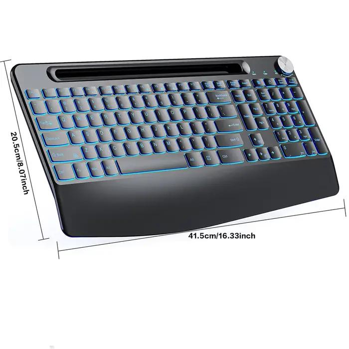 Clavier sans fil rétroéclairé 7 couleurs avec repose-poignet et support téléphone pour pauses confortables et jeu professionnel