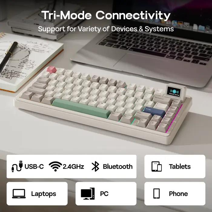 EPOMAKER RT82 QMK/VIA 75% disposition QWERTY américaine joint échangeable à chaud filaire/BT 5.0/2.4GHz clavier mécanique sans fil avec écran LCD