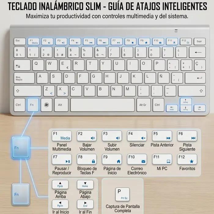 Clavier sans fil compact 2.4G QWERTY en disposition espagnole pour bureau et portable, design mince, touches silencieuses, raccourcis multimédias, plug and play, sans fil jusqu'à 10mètres