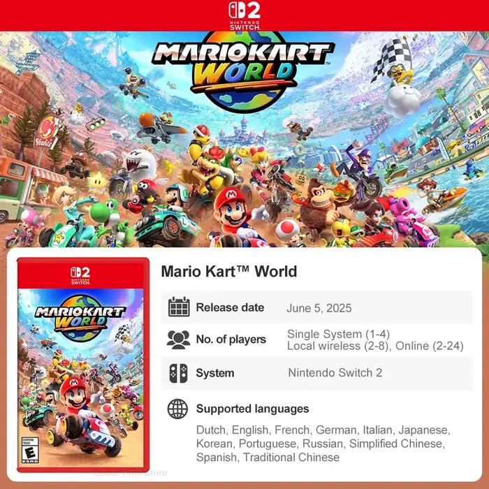 Mario Kart World Nintendo Switch 2 Juegos Offres de jeux Support de carte de jeu physique Multijoueur en ligne