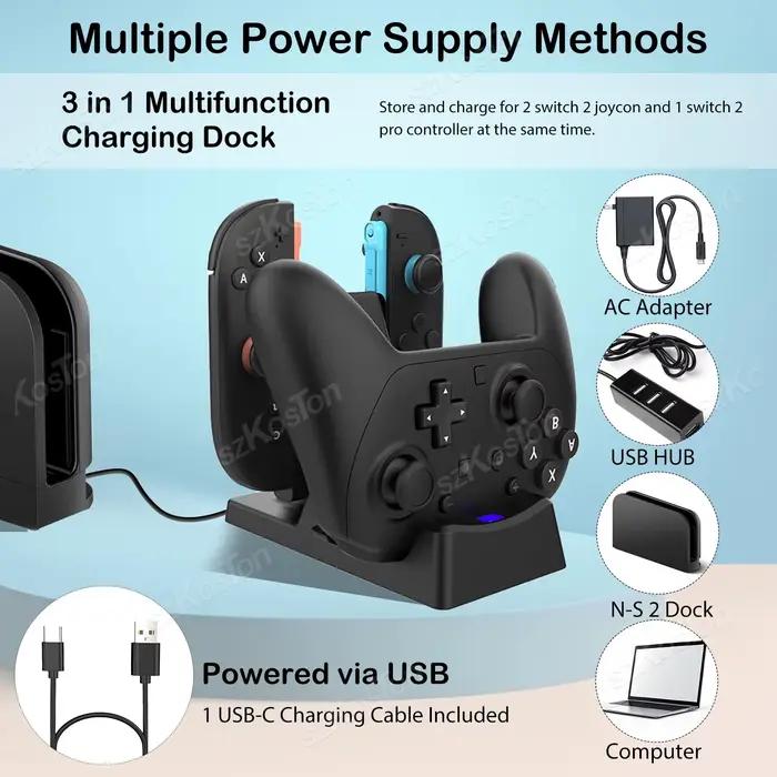 Station de charge 3 en 1 pour Switch 2 Pro Controller pour Switch2 avec indicateur LED et câble