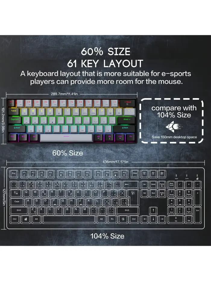 Clavier mécanique de jeu filaire 60%, rétroéclairé rvb, Mini disposition Ultra compacte pour joueurs PC/Mac et typistes, conception de voyage facile