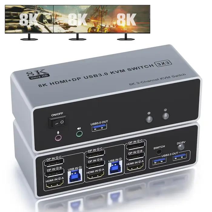 Commutateur KVM 3 moniteurs 2 ordinateurs 8K @ 60Hz 4K @ 144Hz HDMI et 2 ports d'affichage Triple moniteur
