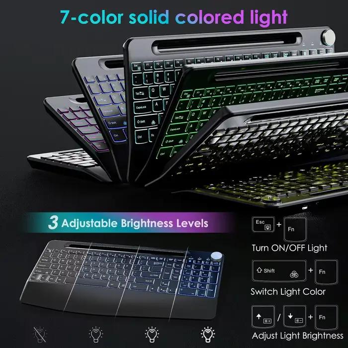 Clavier sans fil rétroéclairé 7 couleurs avec repose-poignet et support téléphone pour pauses confortables et jeu professionnel