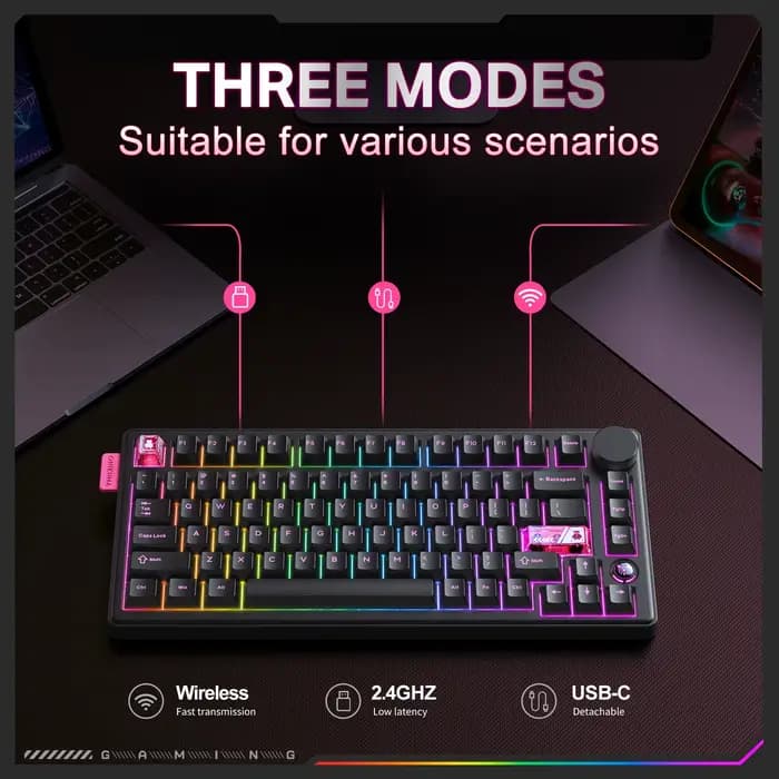 Onikuma 2025 nouveau clavier mécanique de jeu Mt706 Rgb 2.4g/filaire/Bt, clavier de jeu Pbt Rgb à 81 touches